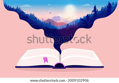 Getting lost in a good book - Open book with dreamy illustration of nature. Enjoying books and dream away concept. Vector illustration Stockfoto © 