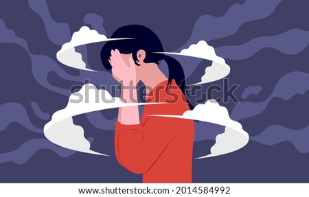 Woman burnout - Dizzy female person with hands covering face feeling depressed and anxiety. Mental health concept, vector illustration