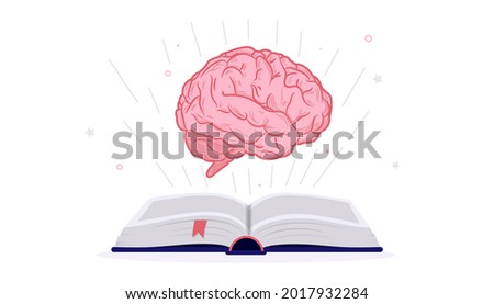 Gain knowledge from books - Open text book lying down with big human brain flying above. Reading, intelligence and wisdom concept, vector illustration