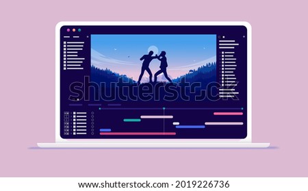 Motion design and visual effect software on computer screen - Film production and editing on laptop. Vector illustration.
