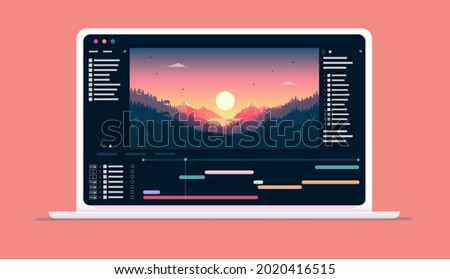 Video software on computer screen - Application for editing videos with timeline and user interface on laptop. Vector illustration