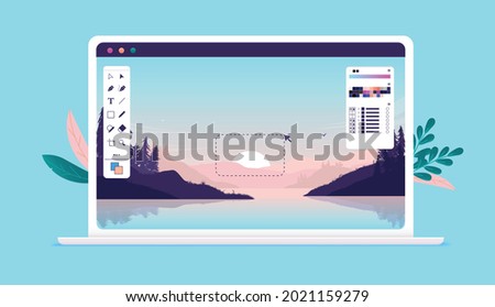 Image editing on laptop computer screen - Photo editor software with user interface and beautiful landscape image. Vector illustration.