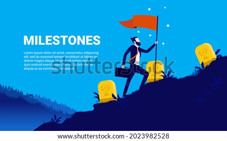 Milestones - Businessman reaching business milestone, walking up hill with flag in hand. Vector illustration