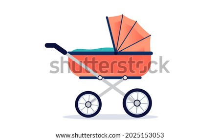 baby carriage, girls baby pram or stroller in red colour. Vector illustration