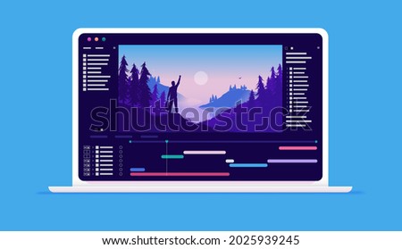 Video software on computer screen - Working with application for editing videos with timeline and user interface on laptop. Vector illustration