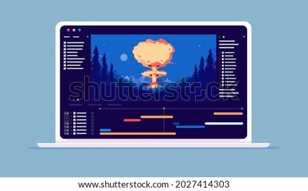 Visual effects and motion design software on computer screen - Film production and editing on laptop with explosion. Vector illustration.