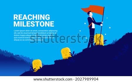 Reaching milestone in business - Businessman planting flag on hill outdoors. Metaphor for achievement and goals. Vector illustration