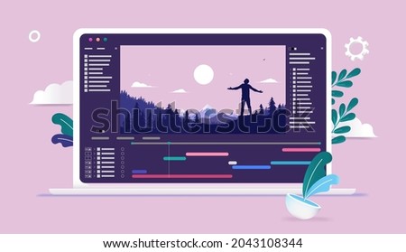 Video editing vector illustration - Software for editing videos with timeline and user interface on laptop computer. Vector illustration