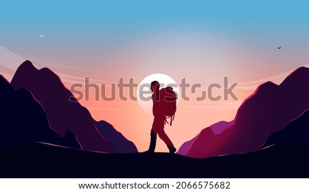 Man walking with backpack in front of sun with beautiful nature landscape and mountains in background. Hiking and freedom concept. Vector illustration