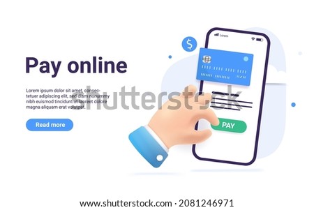 Pay online - vector illustration of phone with credit card and hand pushing pay button on white background with copy space for text.