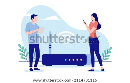 Two people with wifi router - Man and woman with casual clothing using internet connection. Flat design vector illustration with white background