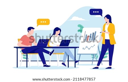 Business presentation vector people - Woman presenting chart and graph to colleagues. Results and data concept. Flat design illustration with white background