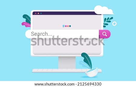 Computer screen with search bar - Vector illustration of desktop with search engine and decorative elements. Flat design on blue background