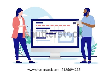 Progression planning - Business man and woman making plans next to computer with calendar and progress plan. Flat design vector illustration with white background