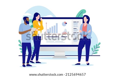 Casual people analysing data - Three businesspeople and computer with charts and graphs looking at business results. Flat design vector illustration with white background