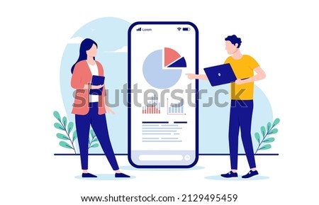 Data analytics - Casual business people reading charts and graphs on phone screen. Flat design vector illustration with white background