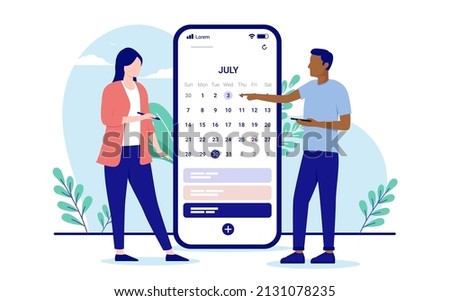 Calendar planning - Two casual business people looking at smartphone app making plan for work project. Flat design vector illustration with white background