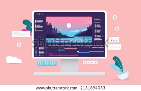 Video editing on desktop computer - Software for movie production on screen with nature scene, timeline and user interface. Multimedia and film editor concept. Vector illustration