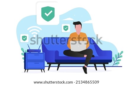 Online security - Man at home in sofa using wifi, computer and internet with protection symbols. Flat design vector illustration with white background