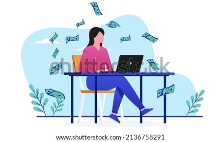 Woman with internet income - Female person with computer making money online. Flat design vector illustration with white background