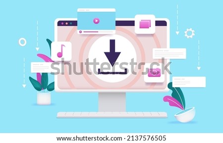 Downloading files on computer from internet - Desktop pc with download icon and graphic elements. Piracy and file sharing concept. Vector illustration