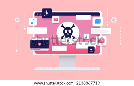Online piracy - Computer with pirate skull on red screen downloading files illegally from internet. Vector illustration