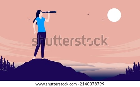 Ambitious woman on the lookout - Female person with binocular looking for opportunities in casual clothing. Flat design vector illustration