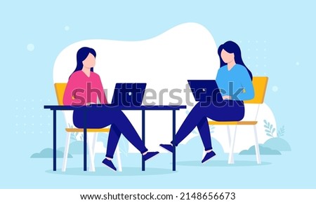Two women Working separately together with laptops sitting down in casual business clothing. Flat design vector illustration with blue background
