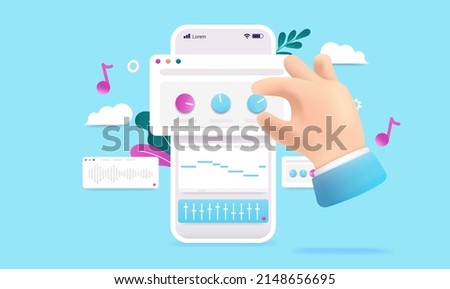 Music app on phone screen - Hand making music on smartphone with application turning knob. Vector illustration