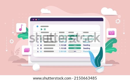 Torrent downloading technology - Laptop computer screen with file downloading software in colourful vector illustration
