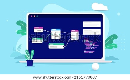 Visual scripting - Laptop computer with node based coding editor on screen. Vector illustration with blue background