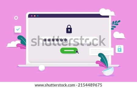 Password login - Laptop computer screen with hidden password trying to log in. Semi flat vector illustration
