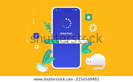 Updating phone operating system - Smartphone with loading wheel and load bar on blue screen. Semi flat vector illustration