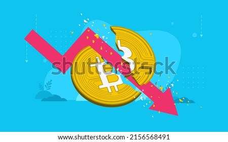 Bitcoin crash - Falling red arrow breaking down on broken crypto coin. Cryptocurrency price going down concept, vector illustration