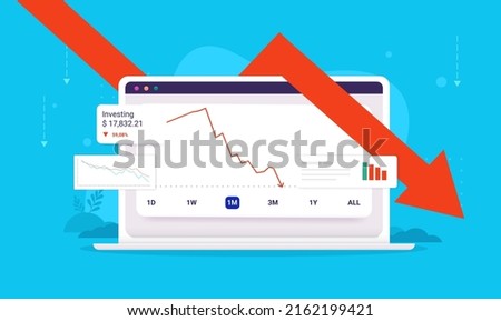 Investing loss - Computer screen showing investment losing money and price going down. Vector illustration