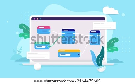 Visual scripting with nodes - Laptop computer with visual programming on screen and blue background. Vector illustration