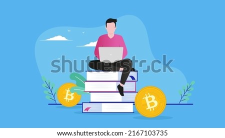 Learn about bitcoin - Person sitting on books with laptop educating him self on cryptocurrencies
