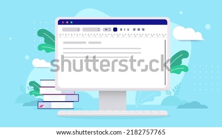 Text and word editing software - Desktop computer with text document on screen. Vector illustration