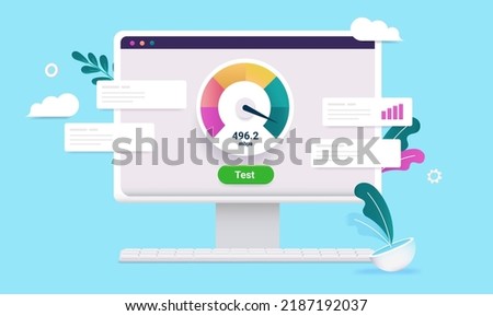 Internet speed test - Computer screen with web service testing upload and download speed, vector illustration