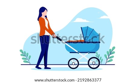 Mother with baby pram stroller - Woman walking with newborn in carriage outdoors with white background. Flat design vector illustration