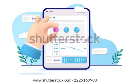 Music app on tablet - Hand making music on device screen with audio application. 3d style vector illustration on white background