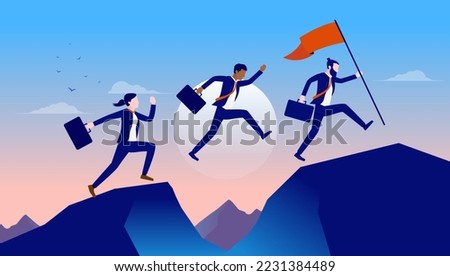 Business moving forward - Businesspeople running on mountaintops with flag eager for reaching goal and success. Flat design vector illustration