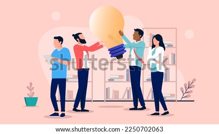 People with idea - Team of business characters working with big light bulb in office, thinking and contemplating. Brainstorming concept, flat design vector illustration