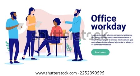 Office workday - Group of people at work in a normal day at the office. Flat design vector illustration with white background and copy space for text