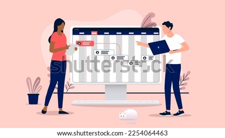 Project planning and roadmap - Two project managers working on assigning tasks and making plan and strategy for business progress. Flat design vector illustration