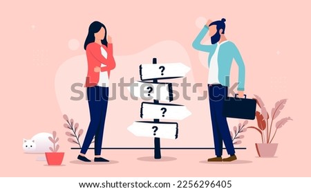 Confusion - Two people man and woman standing looking at signpost with question mark scratching head and wondering. Choices and decision making concept, flat design vector illustration
