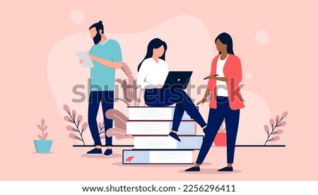 People working and concentrate in office - Team of three doing research, learning and getting insights for project and business. Flat design vector illustration