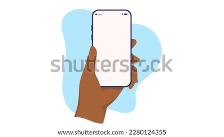 Phone in hand mockup - Left hand with dark skin holding smartphone with empty white screen. Flat design vector illustration with white background