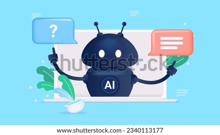Ai chat concept - Artificial intelligence robot receiving question and providing answer on laptop computer screen. Vector illustration with blue background