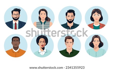 Avatars vector collection - People faces in oval frames, men and women with different ethnicities. Flat design illustrations with white background